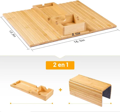 Vista 9 de Bestjing Bandeja para Brazo de Sofá de Bambú - Bandeja para Brazo de Sofá con Soporte para Tazas Desmontable - Caddy de Brazo de Sillón Plegable