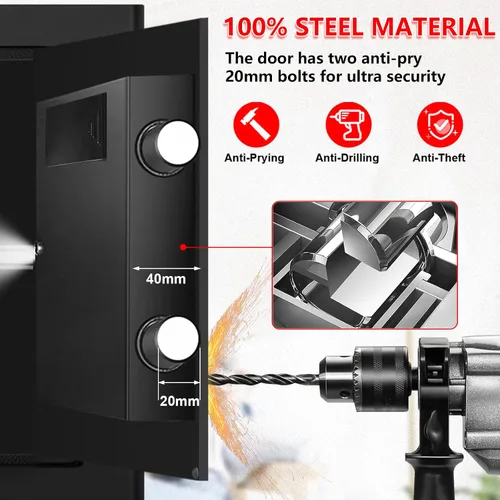 Vista 4 de Caja fuerte pequeña para uso doméstico, caja de seguridad digital con cerradura de combinación, estante extraíble y llaves de repuesto, caja fuerte