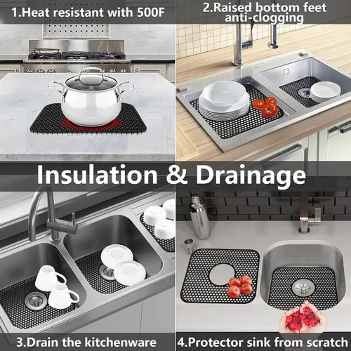 Vista 5 de Protectores de fregadero para fregadero de cocina, 2 alfombrillas de cocina de silicona de 13.58 x 11.6 pulgadas, protector inferior antideslizante