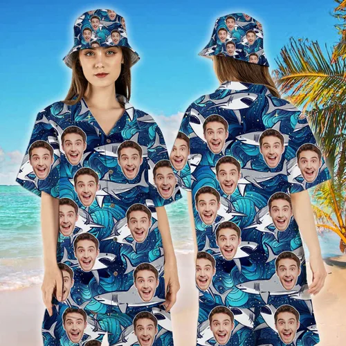 Vista 2 de The Mighty Myth Camisa unisex hawaiana tropical personalizada con cara personalizada Aloha camisa manga corta frutas florales camisas S-5XL