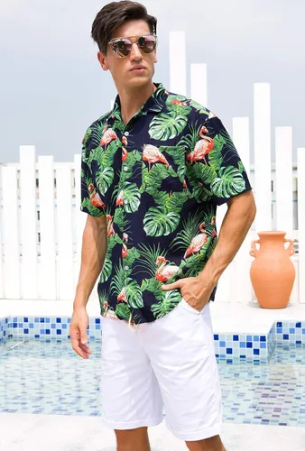 Vista 2 de Janmid Camisas hawaianas florales de manga corta con botones para hombre