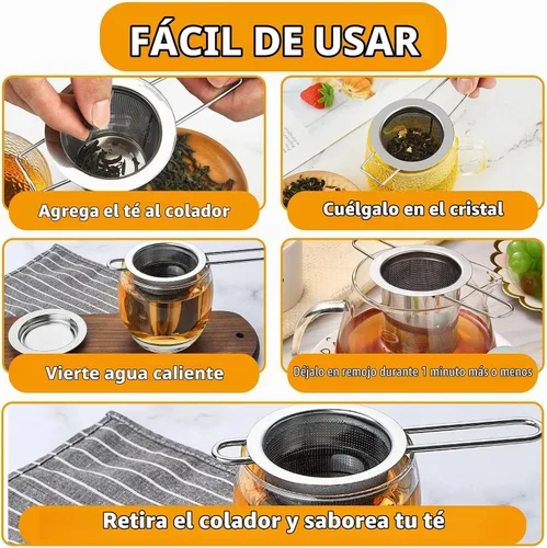 Vista 4 de 4 coladores de té con tapa, cesta infusora de té de acero inoxidable 304 para té suelto, difusor de té de malla extrafina, filtro de té de mango
