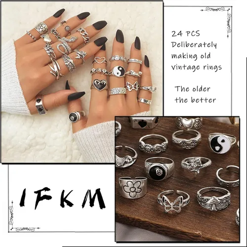 Vista 3 de IFKM Juego de 15-63 anillos de nudillos de plata vintage para mujeres y adolescentes anillos apilables de dedo articulado bohemios retro huecos