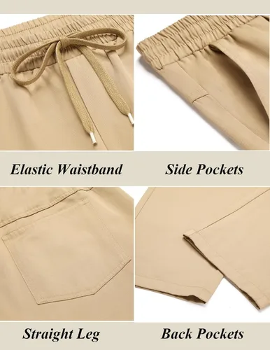 Vista 5 de COOFANDY Pantalones casuales con cordón para hombre, ajuste regular, cintura elástica, algodón básico, pierna recta, pantalones cargo
