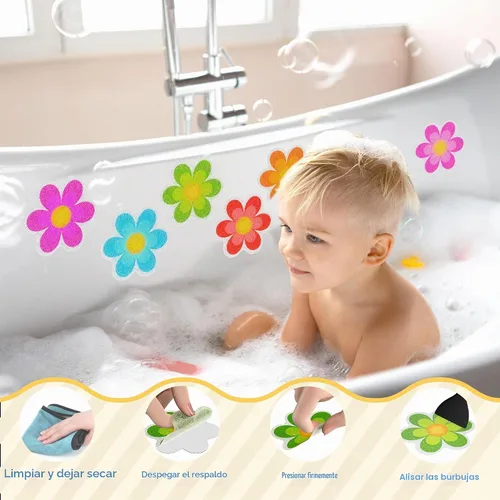 Vista 4 de Secopad 10 calcomanías antideslizantes para bañera de flores con raspador, multicolor