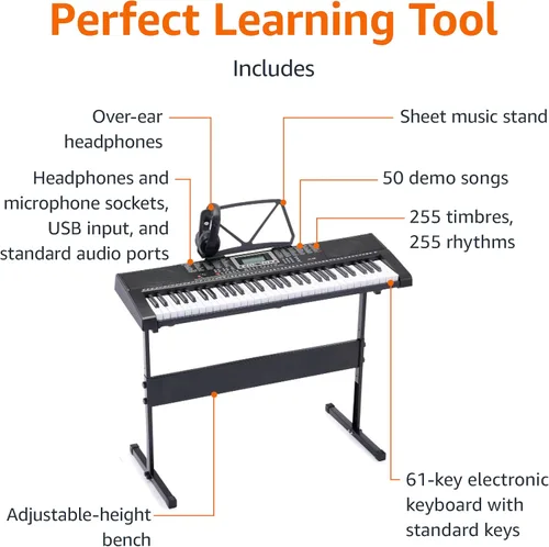 Vista 2 de Amazon Basics Piano de teclado eléctrico con 61 teclas, altavoces integrados, canciones para aprender, color negro