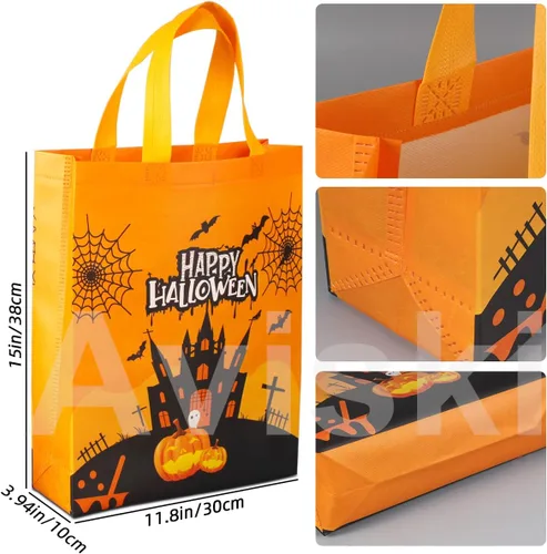Vista 2 de Aviski 6 bolsas de Halloween para dulce o truco, no tejidas grandes bolsas de regalo con asas para envolver regalos, suministros de fiesta, 15 x