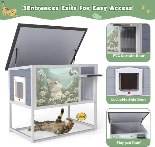 Vista 5 de Casa de madera elevada para gatos al aire libre, recinto resistente a la intemperie para gatos con techo que se abre, puerta cortada y puerta