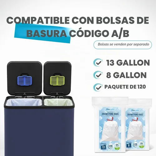 Vista 2 de Cubo de basura rectangular de 70 litros/18.5 galones con pedal, sin contacto manual, doble compartimento para reciclaje de cocina, con tapa Azul