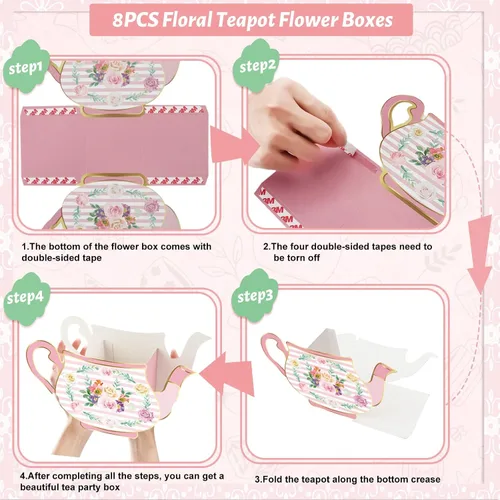 Vista 7 de 8 piezas de decoración de fiesta de té, cajas de centro de mesa de tetera floral para fiesta de cumpleaños de princesa, decoración de mesa temática