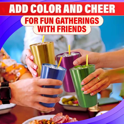 Vista 5 de Vasos de aluminio de 15 onzas, juego de 6, tazas de metal retro para beber Brillante Multicolor