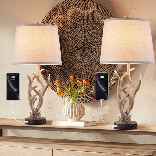 Vista 11 de Dungoo Juego de 2 lámparas de mesa rústicas de ciervo occidental con luz nocturna, lámparas de noche rústicas de 26 pulgadas para dormitorio con 2