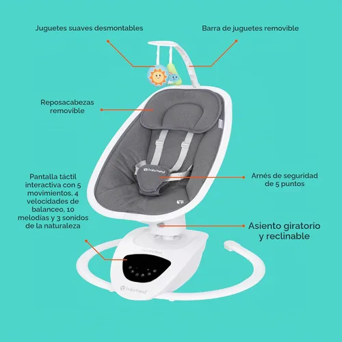 Vista 3 de Baby Trend NuMotion Infinity Swing - 5 modos de movimiento, control de pantalla táctil, control remoto, multiposición reclinable, juguetes colgantes