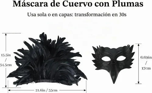 Vista 2 de Máscara de cuervo de plumas para adultos, accesorio de disfraz de pájaro de Negro-1