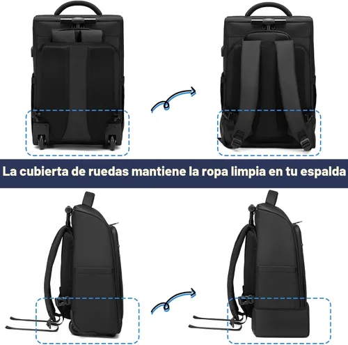Vista 8 de Mochila con Ruedas, Mochila Impermeable con Ruedas para Viajero de Negocios, Mochila de Equipaje de Mano con Compartimento para Laptop, Compatible
