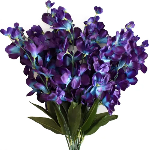 Vista 11 de Tallos de orquídeas artificiales de 26.7 pulgadas, 12 piezas de orquídeas de seda azul turquesa para boda, ramo de novia, corona, centro de mesa