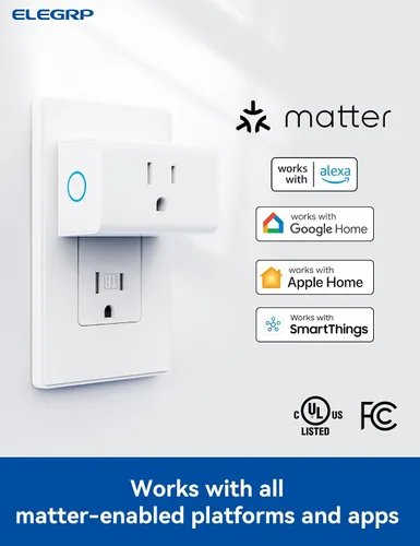 Vista 2 de ELEGRP Matter - Mini enchufe inteligente compatible, salida inteligente de 15 A/1800 W Max, compatible con Apple Home, Siri, Alexa, Google Home