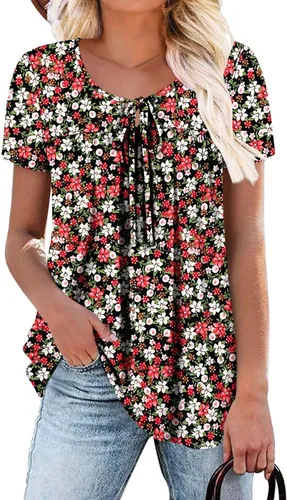 Vista 5 de BETTE BOUTIK Blusas de verano para mujer, plisadas, de manga corta, con cordón, cuello redondo, tallas S-3XL