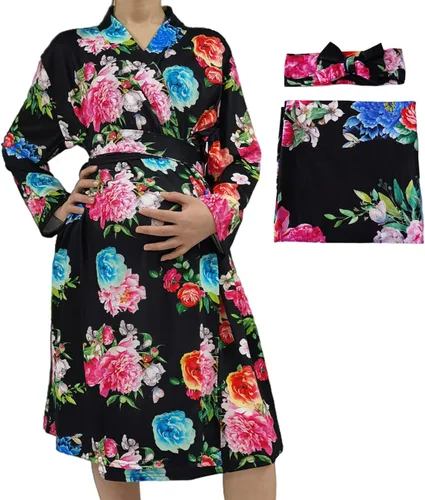 Vista 20 de SUFEINI Conjunto de Bata de Maternidad y Manta Envolvente para Bebé a Juego, Bata de Mamá con Manta Receptora Ropa de Dormir para Niñas y Niños