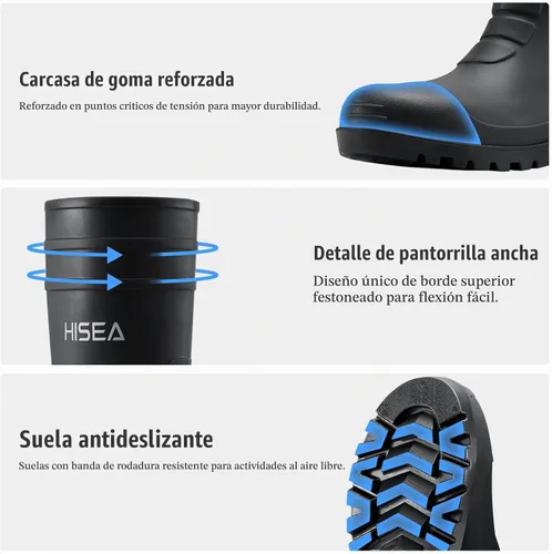 Vista 5 de HISEA Botas de lluvia para hombre con refuerzo de acero, botas de goma impermeables, botas de lluvia de PVC sin costuras, calzado protector Negro