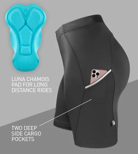 Vista 6 de AEROTECHDESIGNS Pantalones cortos de ciclismo acolchados Luna para mujer Bolsillo reflectante colorido Fabricado en Estados Unidos
