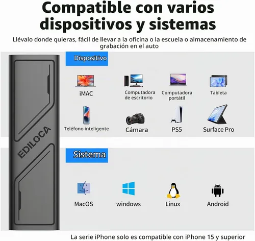 Vista 6 de Ediloca Disco duro externo EP1000 de 1 TB, SSD portátil, unidades de estado sólido externas de hasta 1000 MB/s de lectura, expansión