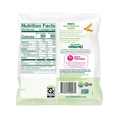 Vista 2 de Little Bellies Bocadillo orgánico de manzana y canela para bebés (paquete de 18 paquetes individuales de 0.42 onzas)