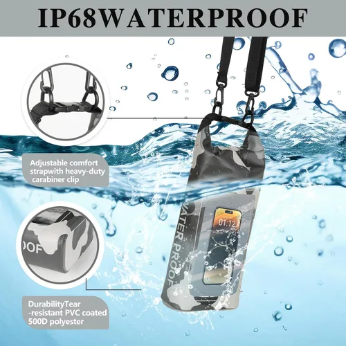 Vista 4 de Bolsa impermeable IP68, 2L - Bolsa impermeable para piscina con tapa enrollable, bolsas secas para kayak impermeables con bolsa para teléfono, bolsa