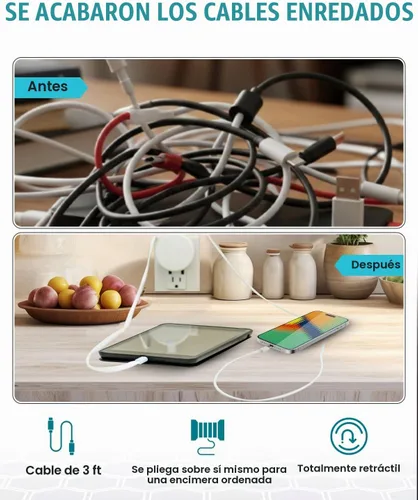 Vista 2 de Cargador de pared con cable retráctil USB-C 4 en 1 y banco