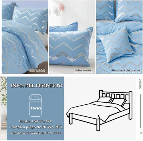 Vista 7 de Menghomeus Juego de edredón azul/plateado tamaño Twin/Twin XL, estampado metálico con purpurina, edredón de cama bonito y brillante, juegos de ropa