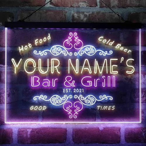 Vista 18 de Letrero de luz de neón LED tricolor personalizado para bar y parrilla, nombre personalizado, fecha, texto, cita, fuente blanco, azul y rojo, 17.7 x