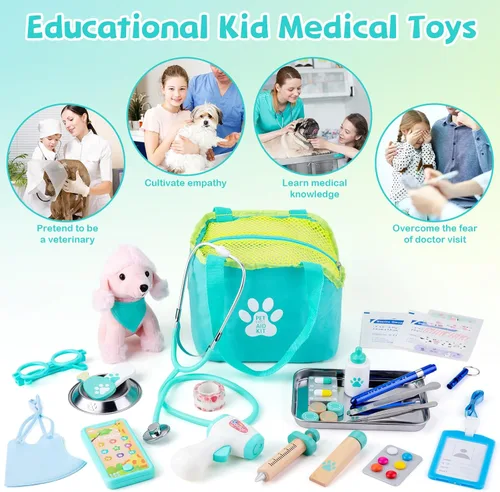 Vista 3 de Sundaymot Kit de Doctor para Niños, 37 piezas de juguetes de jugar al Doctor, kit de Doctor para niños pequeños de 3 a 5 años, con juguete de perro
