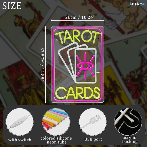Vista 2 de Letrero de neón de cartas de tarot, luz LED rosa para decoración de pared de habitación, interruptor regulable, material acrílico, 10.24 x 14.88