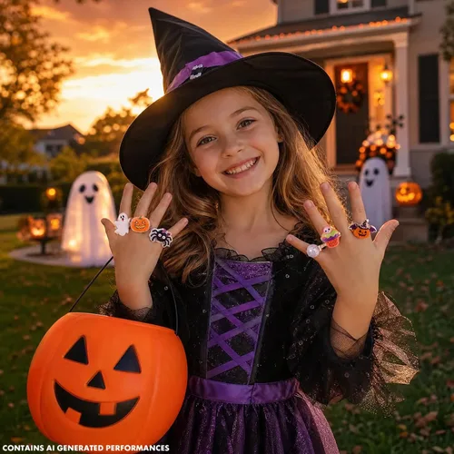 Vista 7 de PinkSheep Anillos de joyería para niña pequeña en caja, 24 encantadores Anillo de Halloween