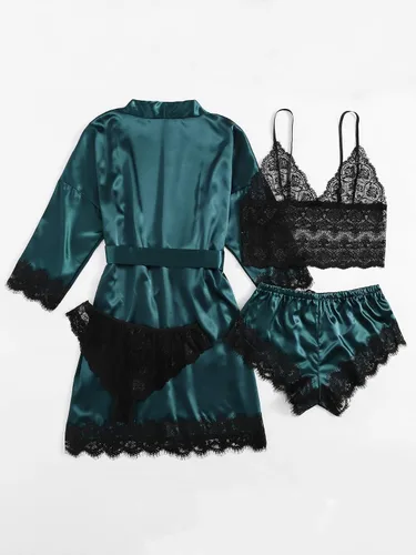 Vista 2 de WDIRARA Conjunto de pijama de lencería con encaje floral de satén para mujer 4 piezas conjunto de pijama con bata