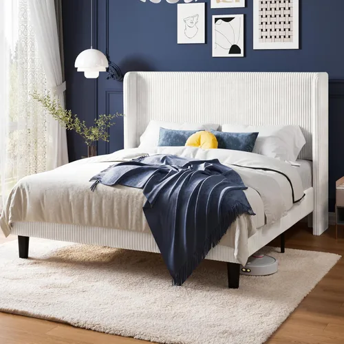 Vista 19 de Allewie Marco de cama tamaño completo con cabecera tapizada tipo wingback, cama plataforma de terciopelo de pana con capitoné de canales verticales