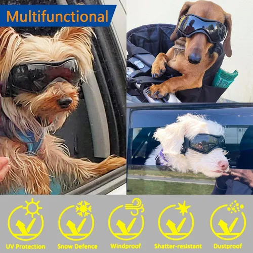Vista 4 de Gafas de sol para perros pequeños, protección contra los rayos UV, el viento y el polvo con correa ajustable (negro)