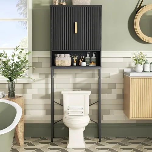 Vista 14 de Gabinete de almacenamiento sobre el inodoro con puertas estilo granja y estante ajustable, organizador de baño alto con soporte de metal que ahorra