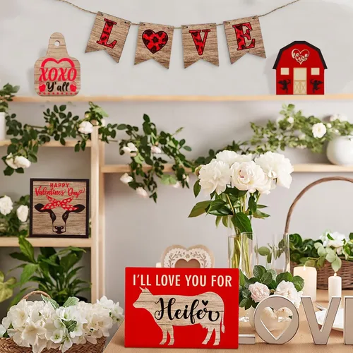 Vista 6 de 10 piezas de decoración de bandeja escalonada de gnomo de San Valentín (bandeja no incluida), en forma de corazón de madera de San Valentín
