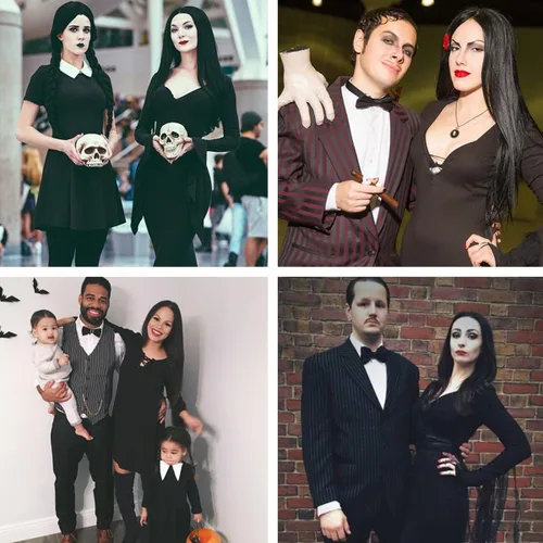 Vista 4 de CJK Peluca negra para Morticia Addams, peluca larga negra para disfraz de Morticia Addams, para mujer, con collar y aretes para Halloween, disfraz