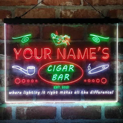 Vista 18 de Personalized Cigar Bar Lounge Tri-Color LED Neon Light Sign Customize Name Date Text Quote Font Green & Red & Yellow 13 x 8.7 Inches