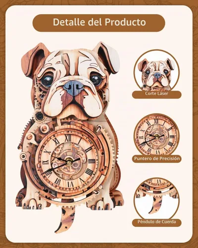 Vista 4 de Rompecabezas de madera 3D para adultos, rompecabezas 3D reloj bulldog (con péndulo) 32 piezas, rompecabezas de madera para principiantes
