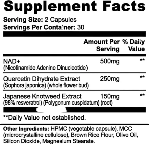 Vista 2 de Regeneración celular NAD+ premium con quercetina y resveratrol 500mg Suplemento avanzado antienvejecimiento y vitalidad Reparación celular