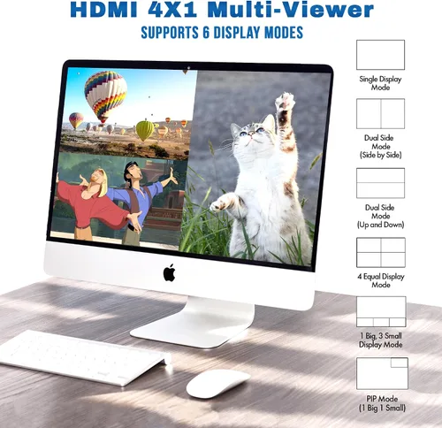 Vista 2 de J-Tech Digital Interruptor multivisor HDMI 4K 4 entradas 1 salida, 4x1 4K 30Hz HDMI Quad Multiviewer conmutador sin interrupciones con PiP, 6 modos