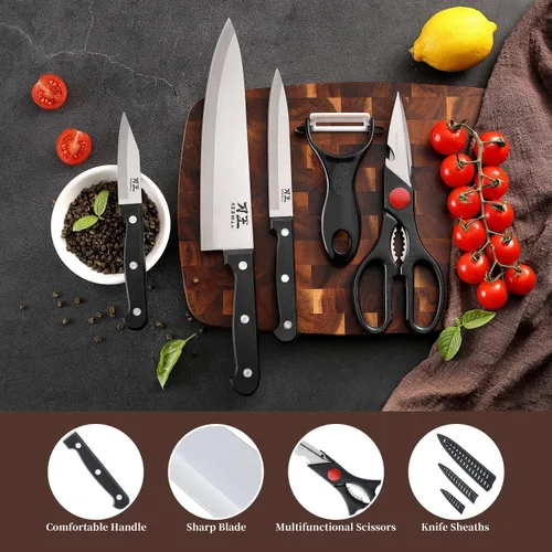 Vista 3 de Juego de cuchillos de cocina de 5 piezas, juego de cuchillos sin bloque con fundas, hoja afilada de acero inoxidable y mango cómodo, juego