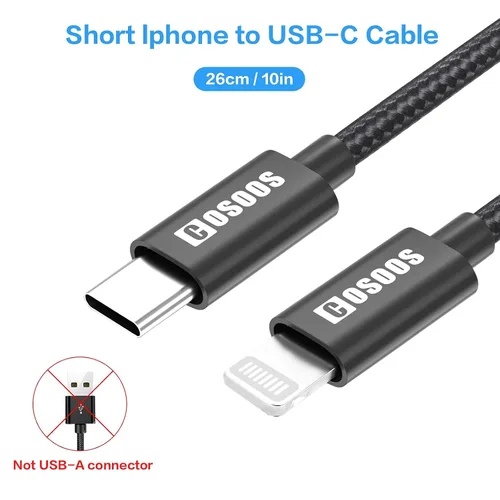 Vista 2 de COSOOS 2 cables cortos USB-C a iPhone (10 pulgadas/10.2 in) de nailon trenzado, cable de sincronización de carga rápida, cable de alimentación