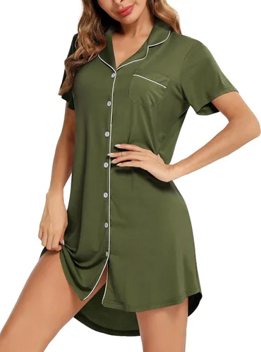 Vista 124 de Samring Camisón de pijama para mujer, manga corta/larga, con botones, camisón para dormir, camisón para novio, talla XXL
