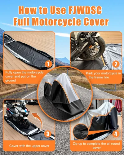 Vista 5 de Funda para motocicleta totalmente cerrada, impermeable, para almacenamiento en interiores y exteriores, resistente con tiras reflectantes, se adapta