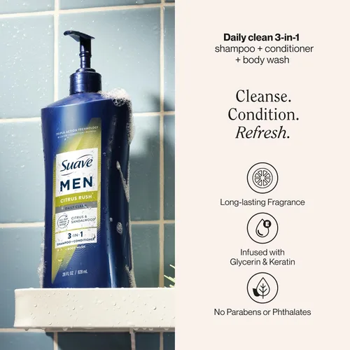 Vista 2 de Suave Men Citrus Rush Daily Clean 3 en 1 champú, acondicionador y gel de baño con glicerina y queratina hidrata y suaviza el cabello, aroma cítrico