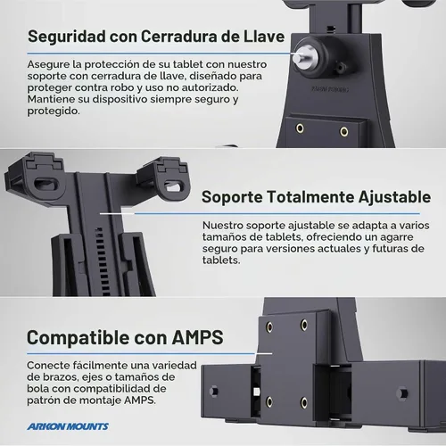 Vista 6 de ARKON Mounts - Soporte para tableta con bloqueo de montacargas con brazo de eje de 8.5 pulgadas, flexibilidad ajustable, instalación sin esfuerzo
